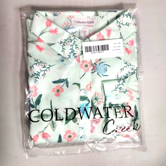 Coldwater Creek Mint Moth/Beetle/Floral LS Buttonfront Shirt-Size 14 (NWT) - Picture 1 of 7